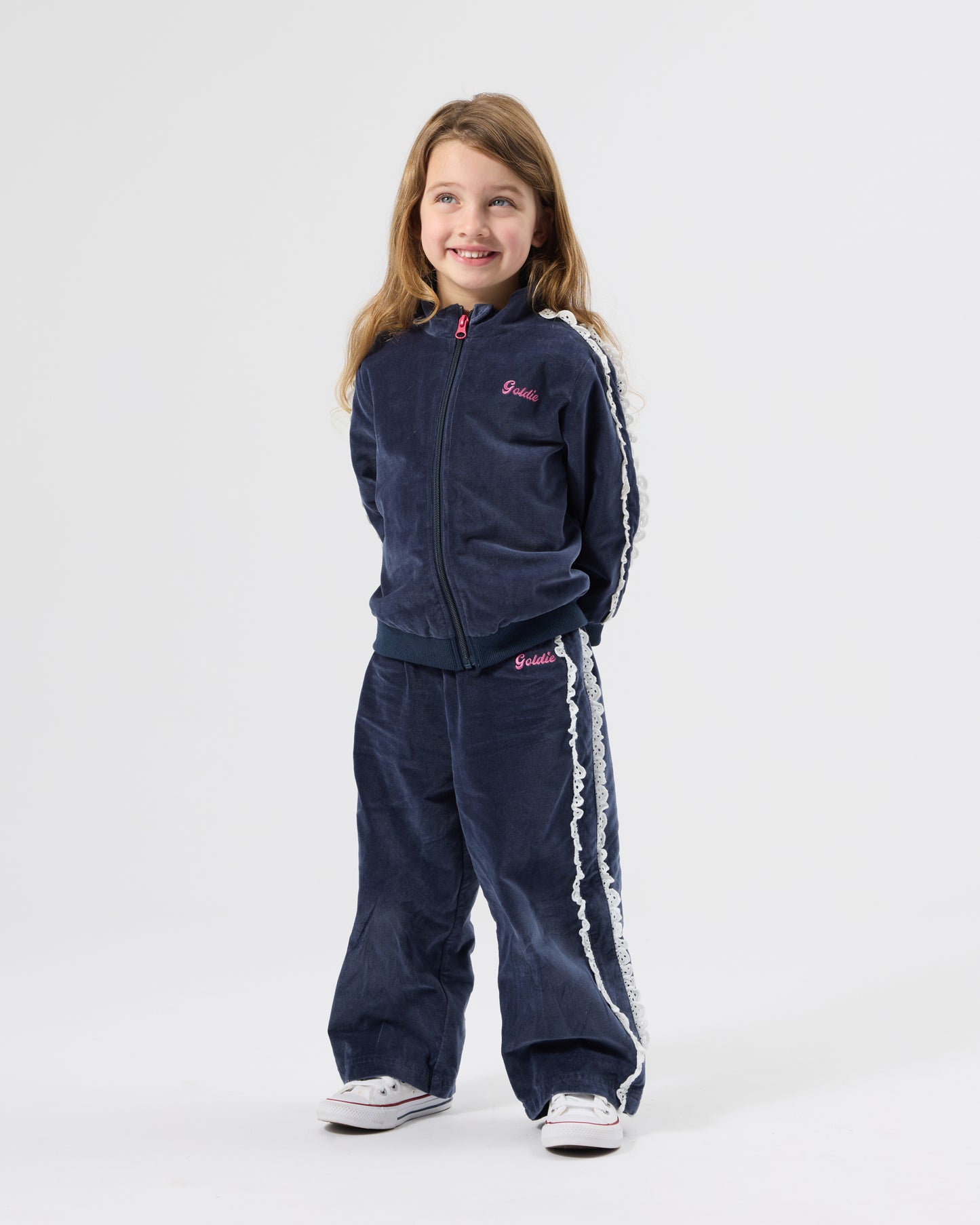 Goldie + Ace Velour Broderie Wide Leg Pant Navy