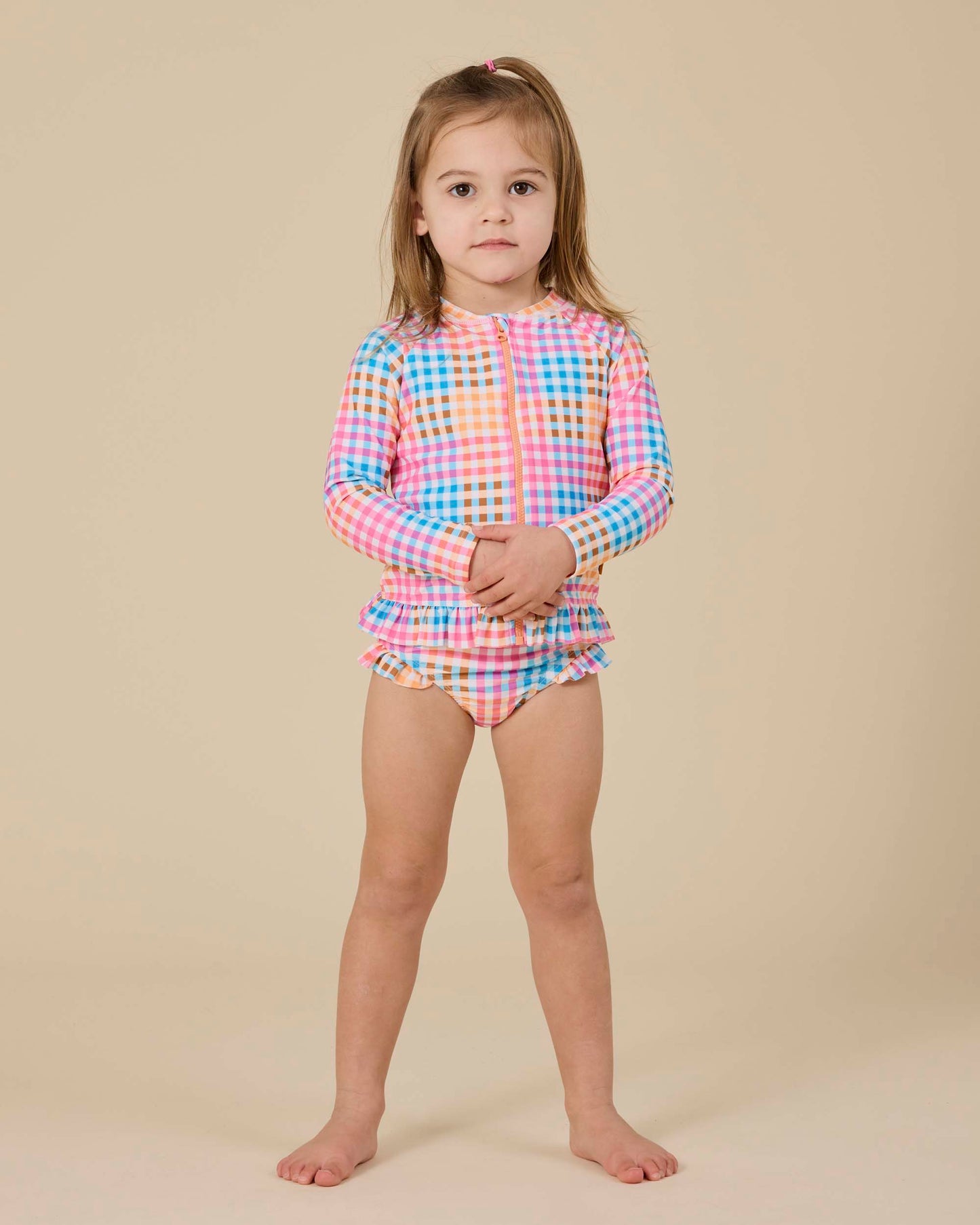 Goldie + Ace Rainbow Gingham Zip Up Rashguard