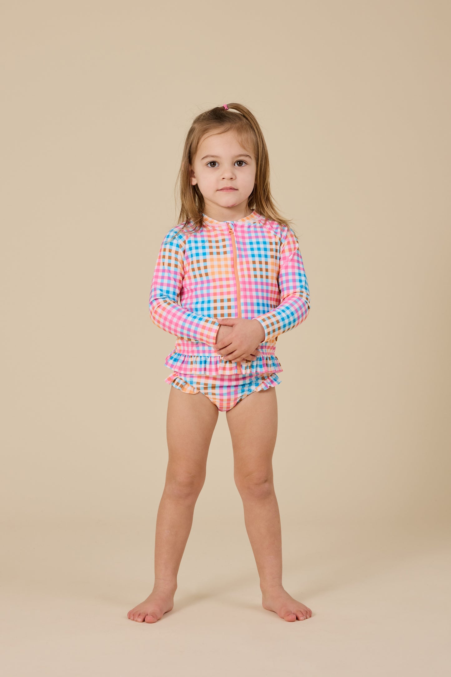 Goldie + Ace Rainbow Gingham Zip Up Rashguard