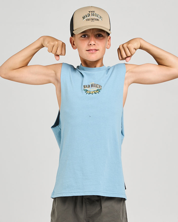 Mad Hueys Stay Frothing Muscle Tee Steel Blue