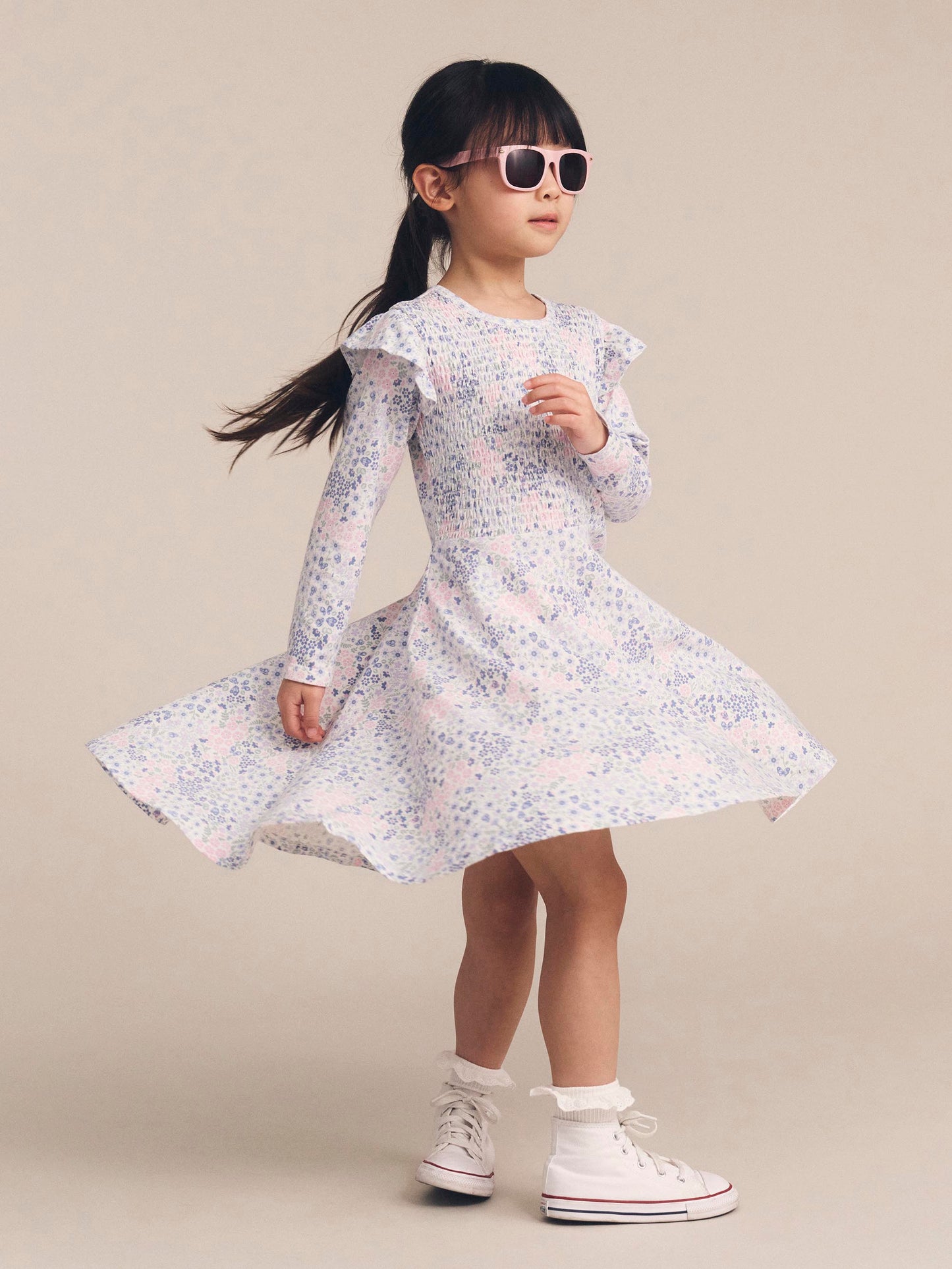 Huxbaby Flower Garden Shirred Long Sleeve Dress