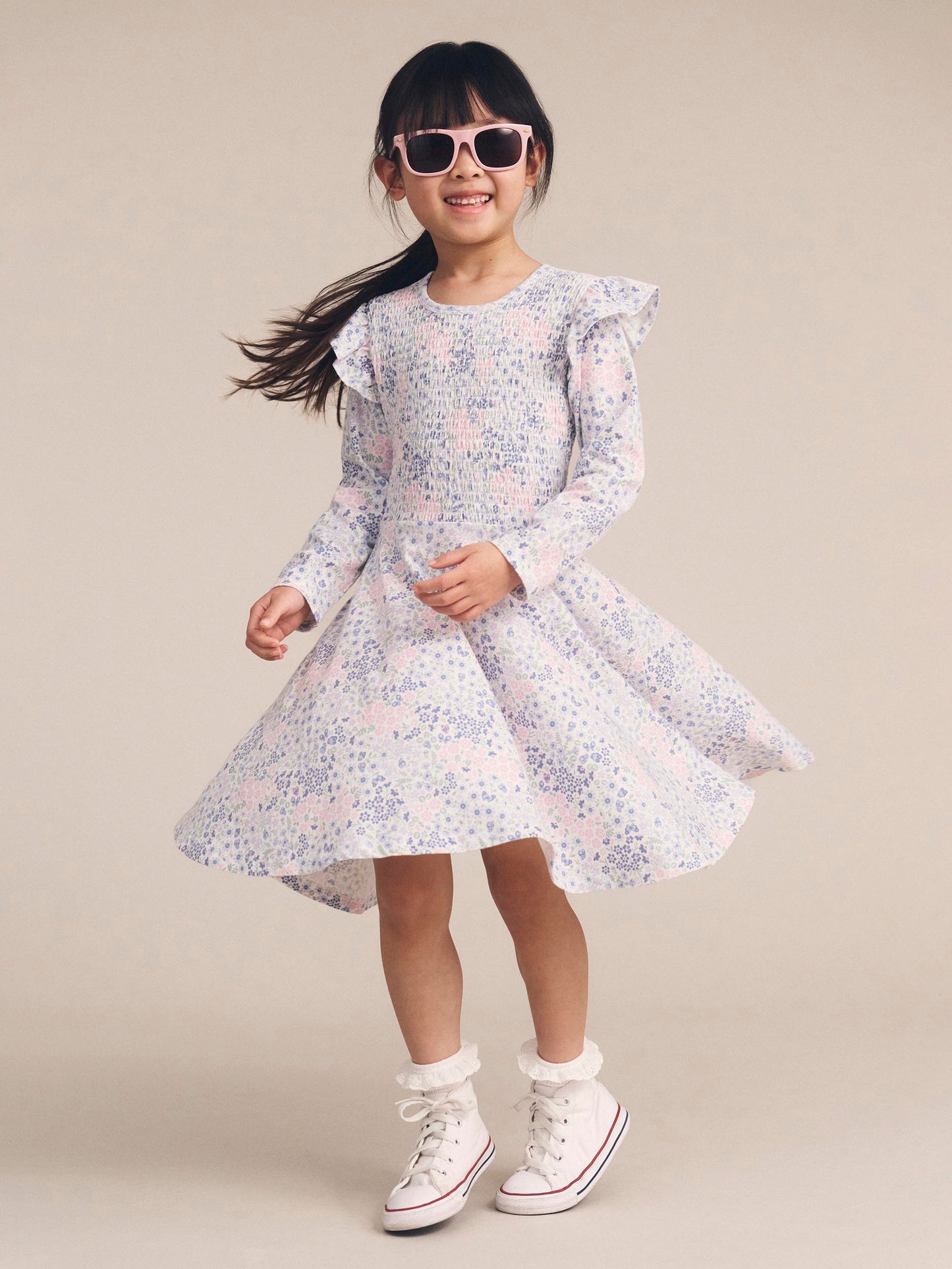 Huxbaby Flower Garden Shirred Long Sleeve Dress