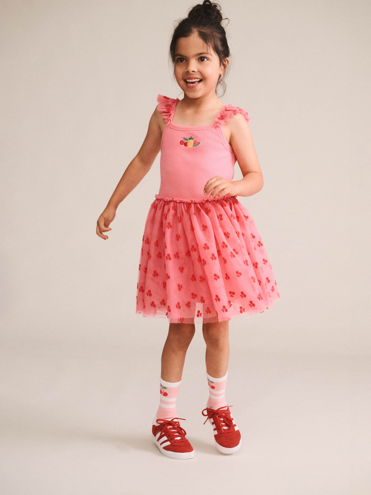 Huxbaby Tropical Fruit Embroidered Sleeveless Tulle Dress