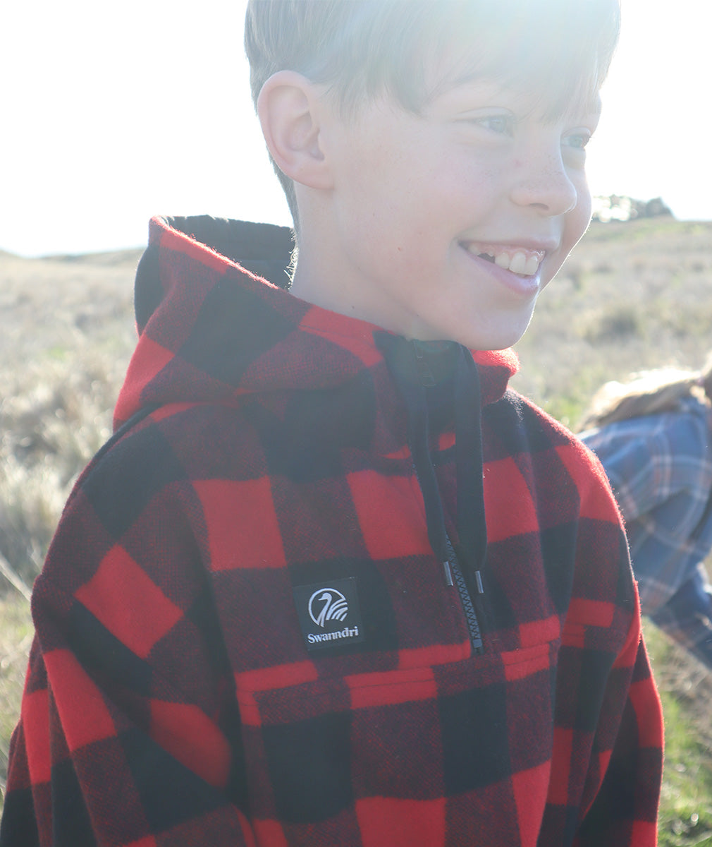 Swanndri Kid's Crooked River Wool Hoodie Red/Black Check