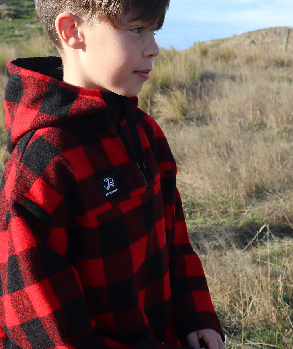 Swanndri Kid's Crooked River Wool Hoodie Red/Black Check