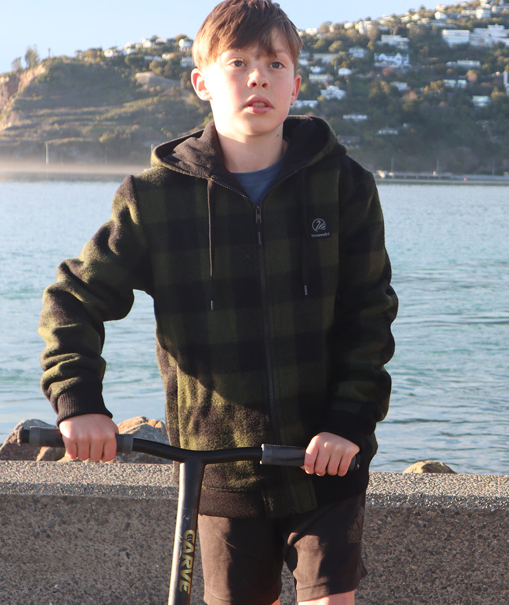 Swanndri Kid's Crooked River Wool Hoodie Olive/Black Check