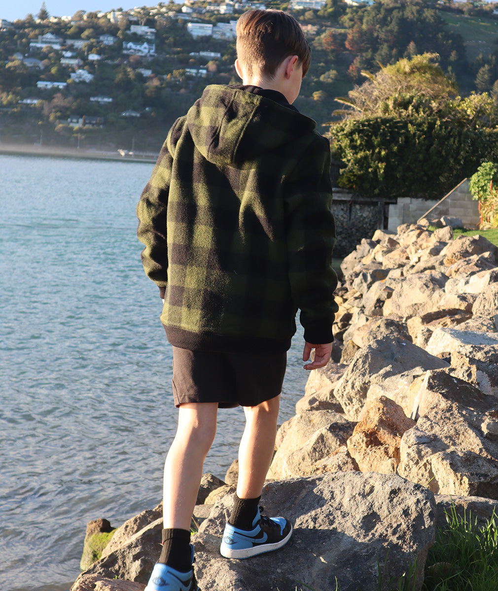Swanndri Kid's Crooked River Wool Hoodie Olive/Black Check
