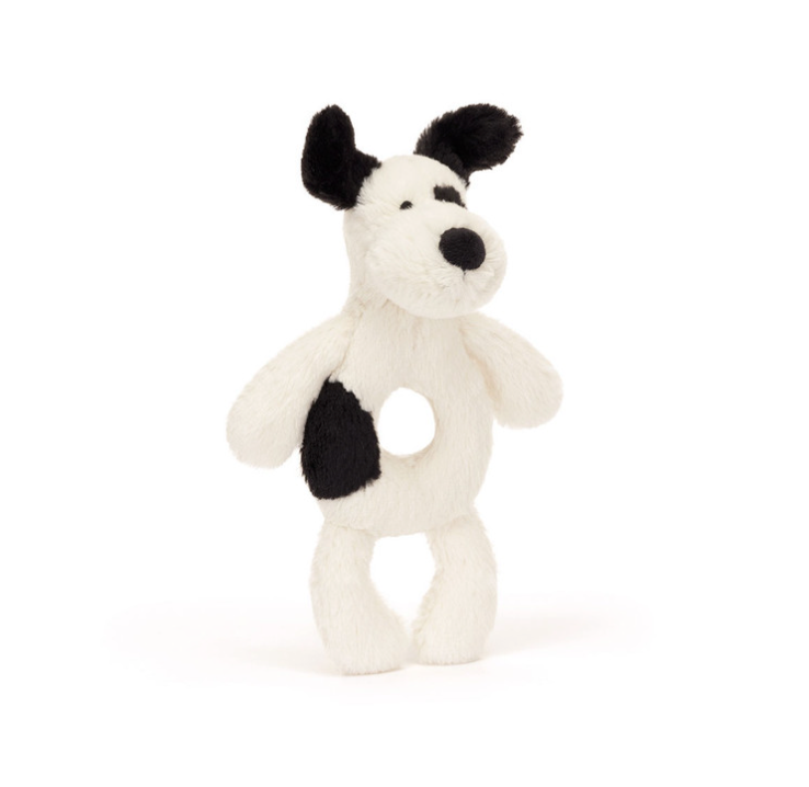 Jellycat Bashful Black & Cream Puppy Ring Rattle