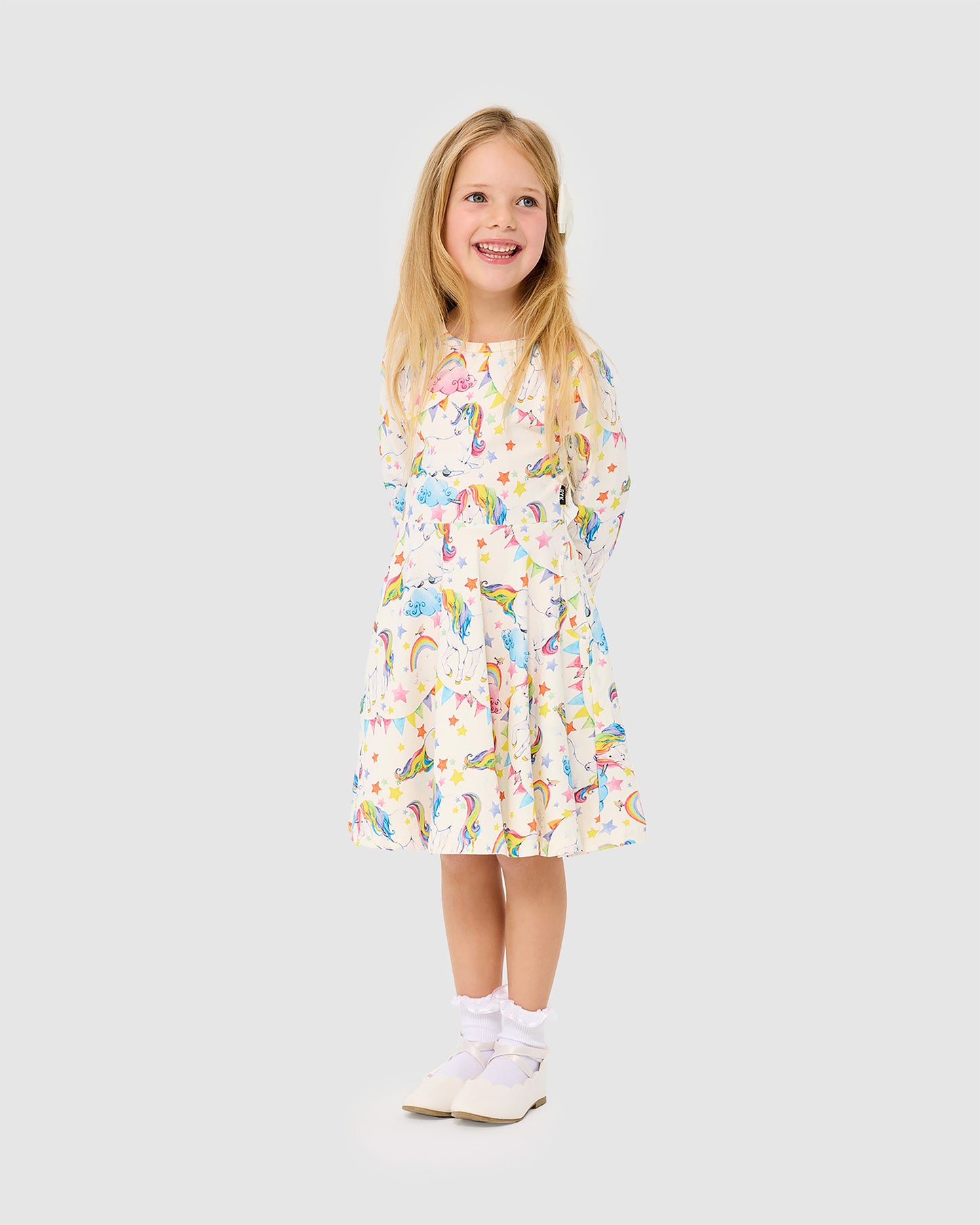Rock Your Kid Unicorn Flags Long Sleeve Waisted Dress