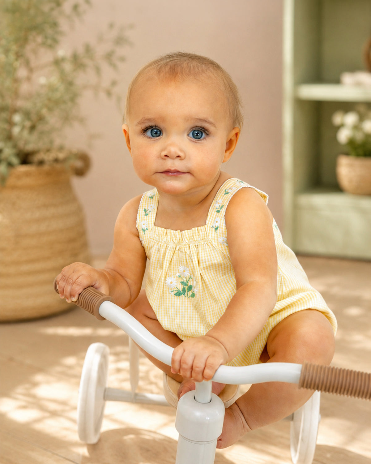 Minihaha Libby Check Romper with Embroidery Straps