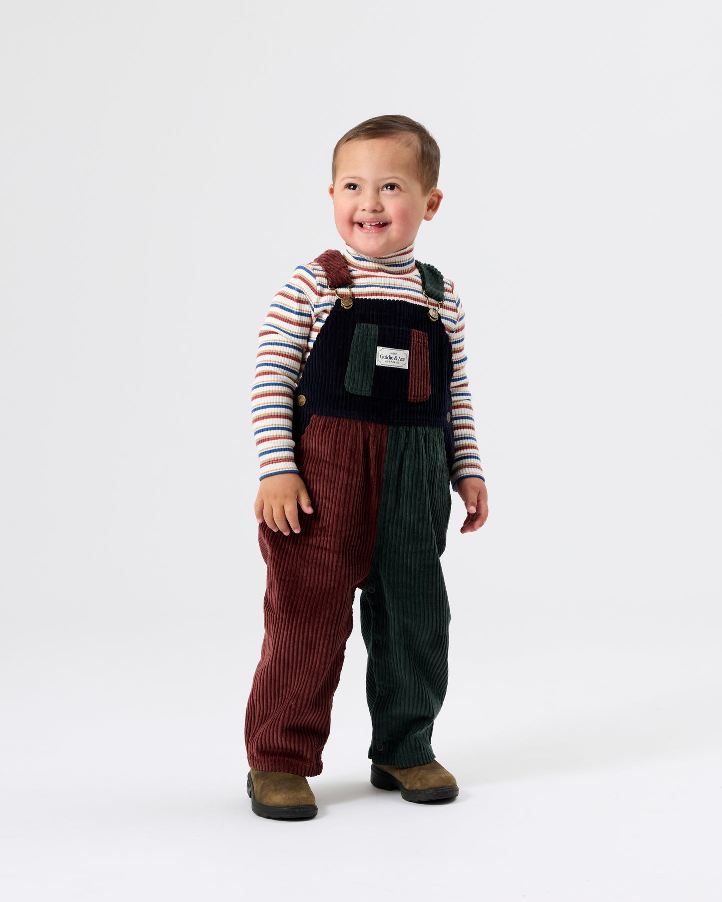 Goldie + Ace Austin Corduroy Colour Block Overalls Brown | Moss | Navy