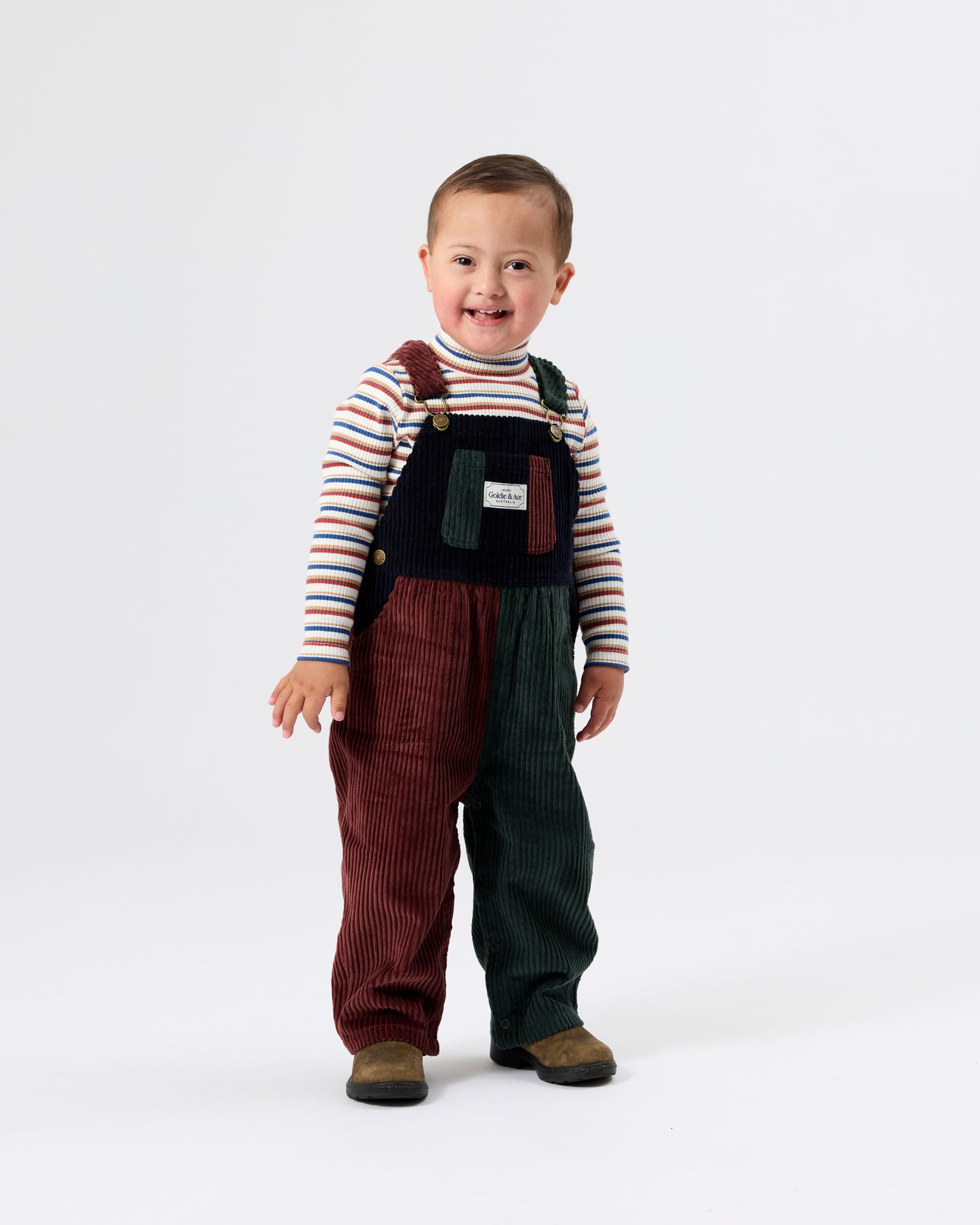 Goldie + Ace Austin Corduroy Colour Block Overalls Brown | Moss | Navy