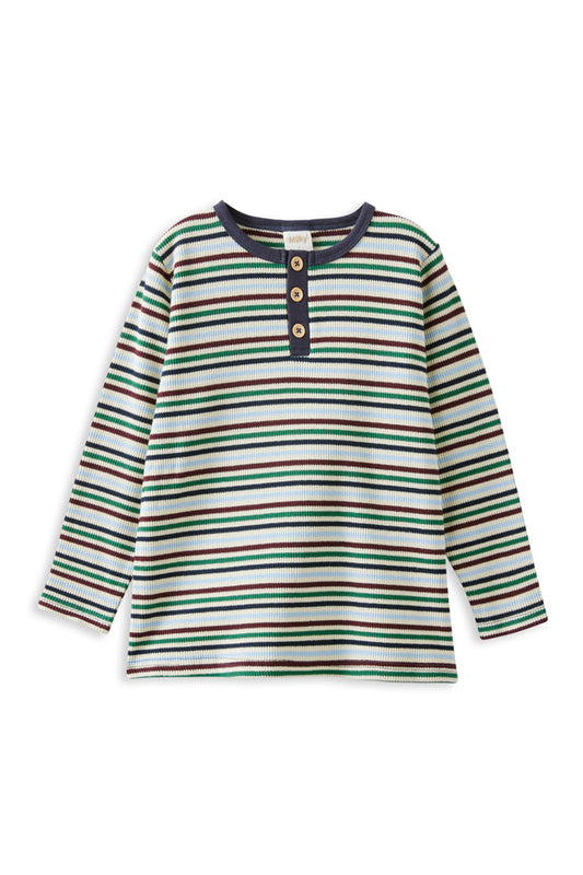 Milky Heritage Waffle Stripe Henley Long Sleeve Tee