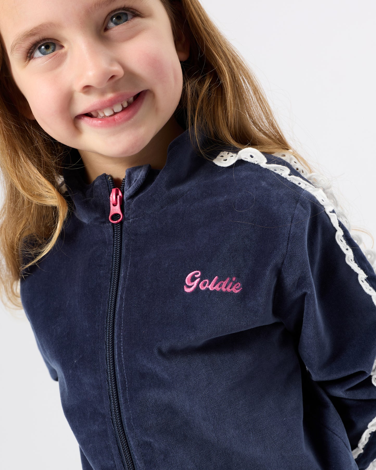Goldie + Ace Velour Broderie Sweat Jacket Navy