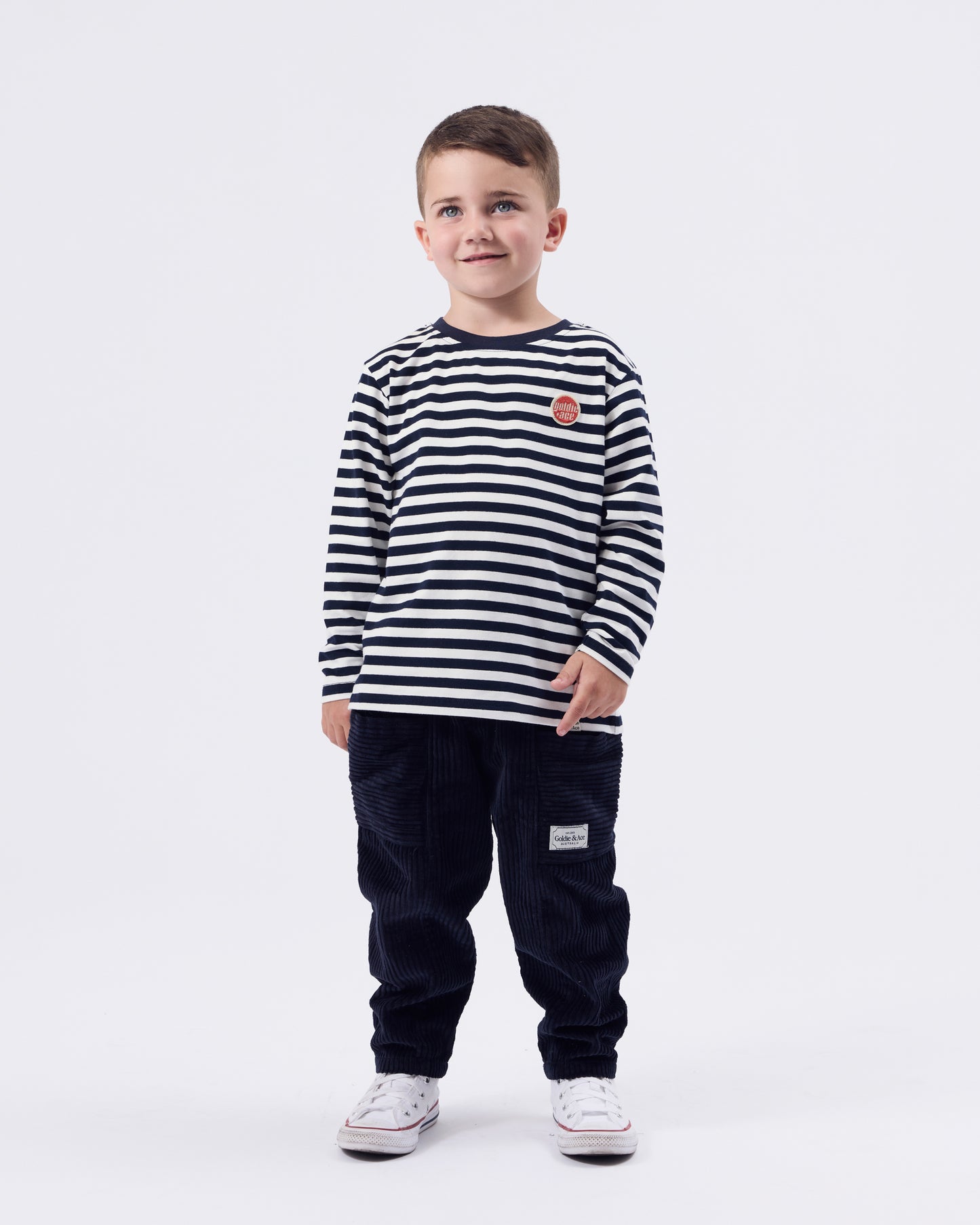 Goldie + Ace Essential Stripe Logo Long Sleeve Top Navy | Antique | White