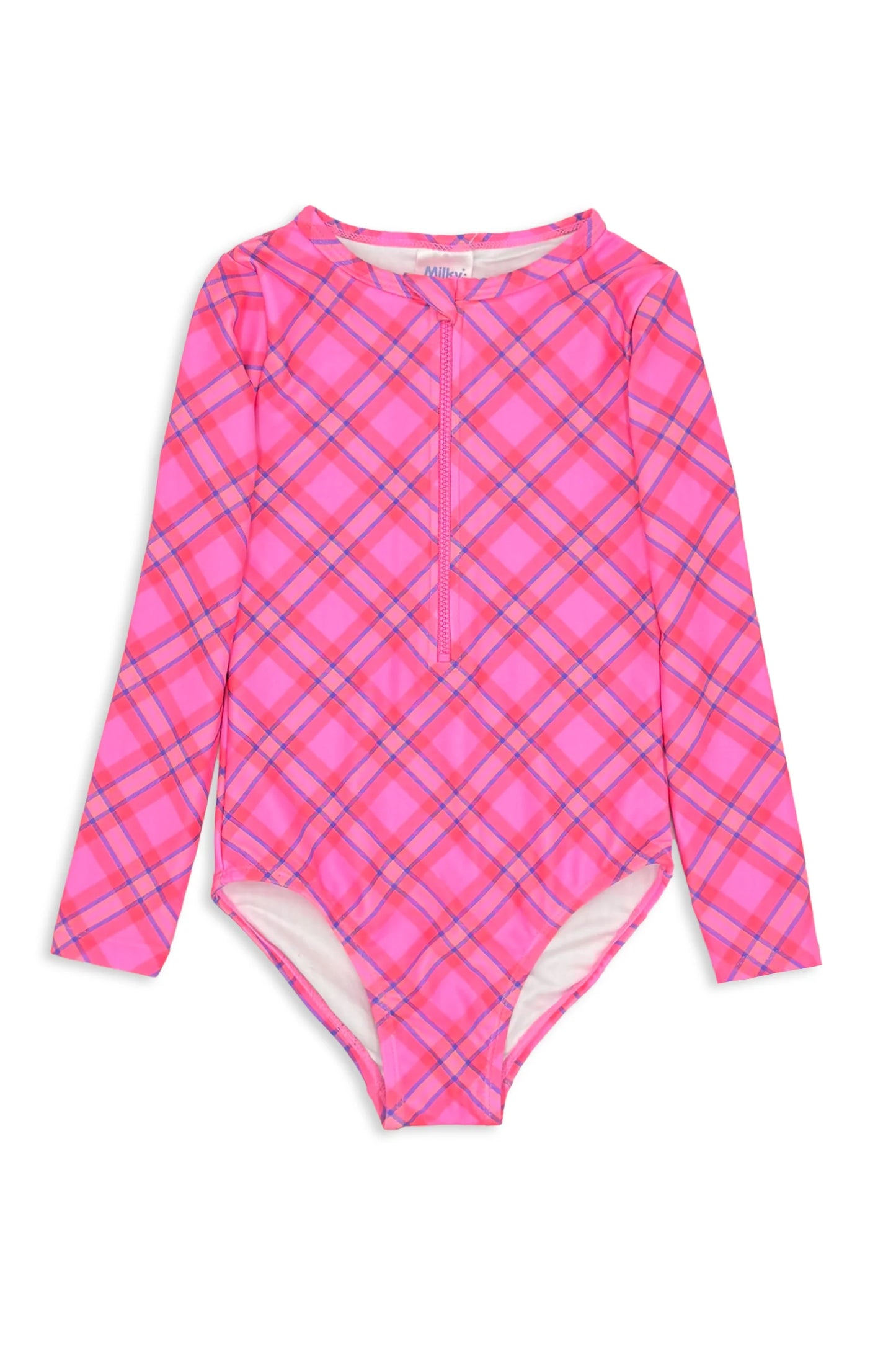 Milky Plaid Check Long Sleeve Swimsuit