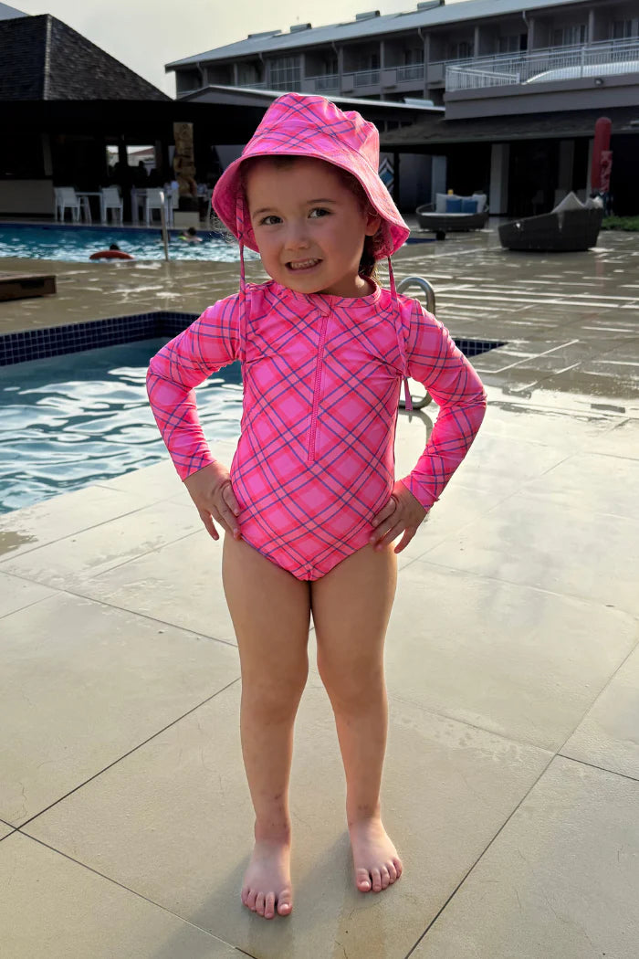 Milky Plaid Check Long Sleeve Swimsuit