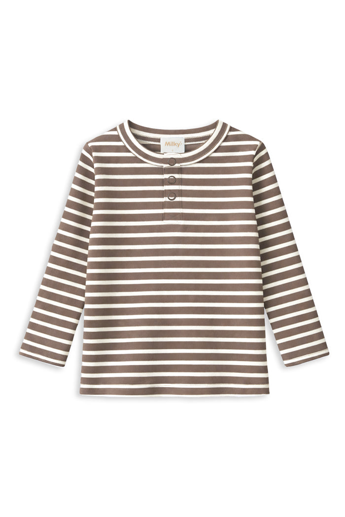 Milky Latte Stripe Henley Long Sleeve Tee