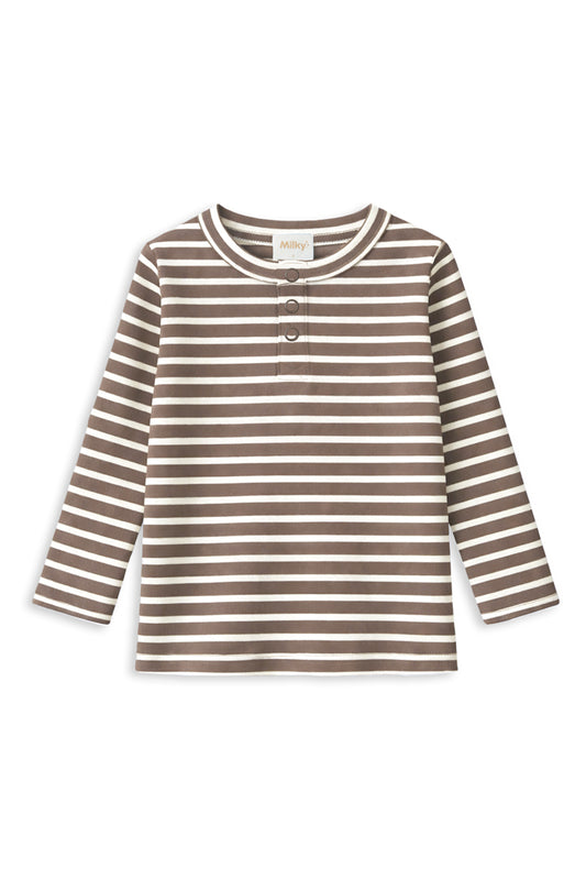 Milky Latte Stripe Henley Long Sleeve Tee