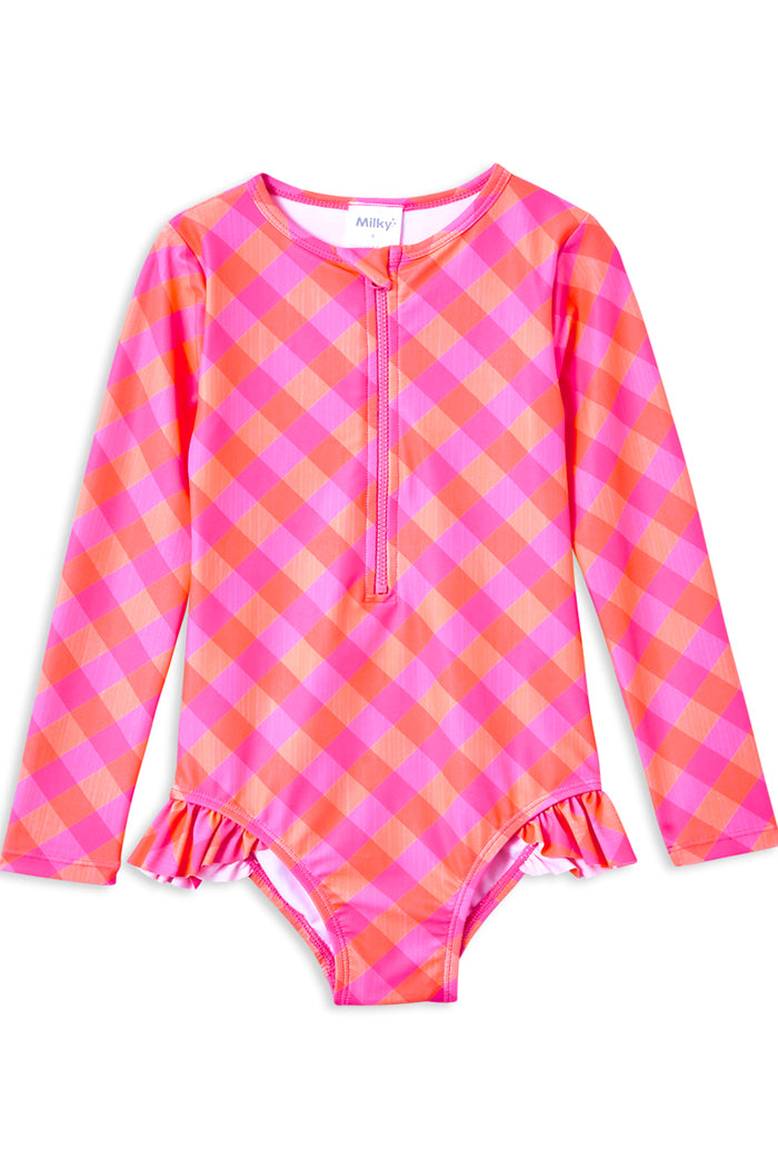 Milky Check Long Sleeve Swimsuit