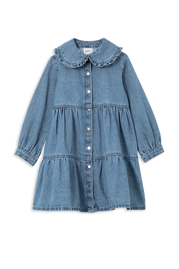 Milky Denim Tiered Collared Dress