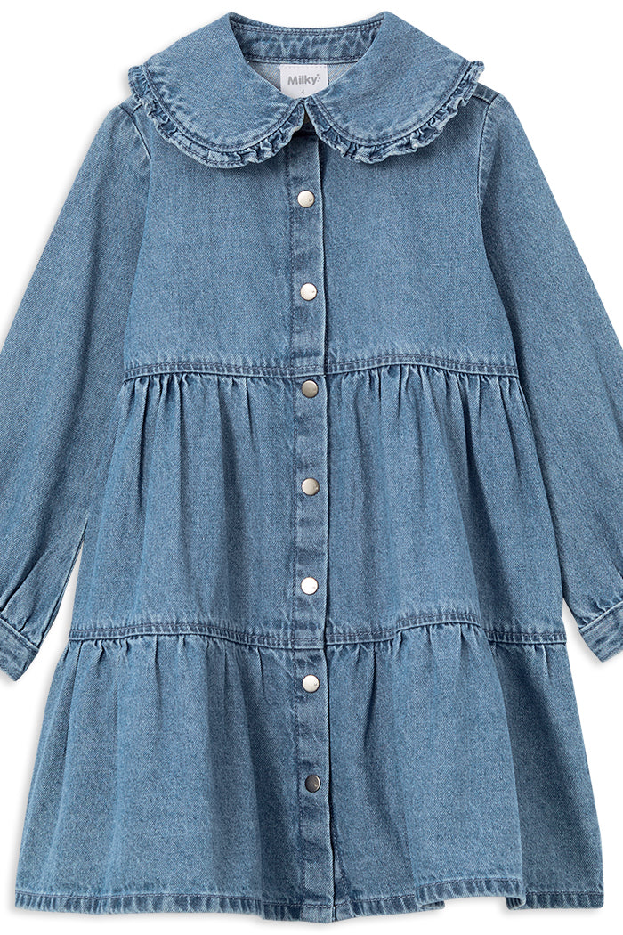 Milky Denim Tiered Collared Dress