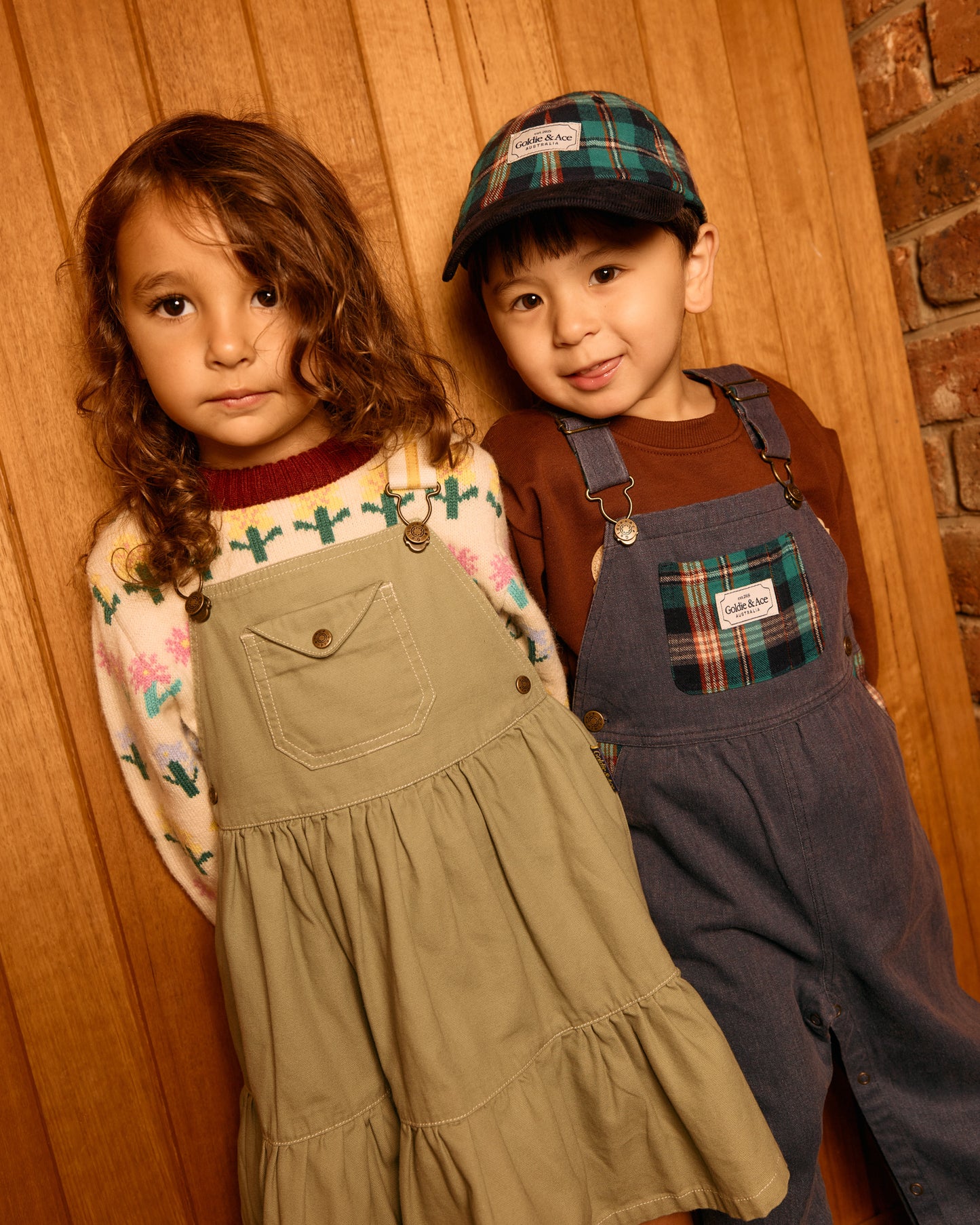 Goldie + Ace Austin Green Check Overalls