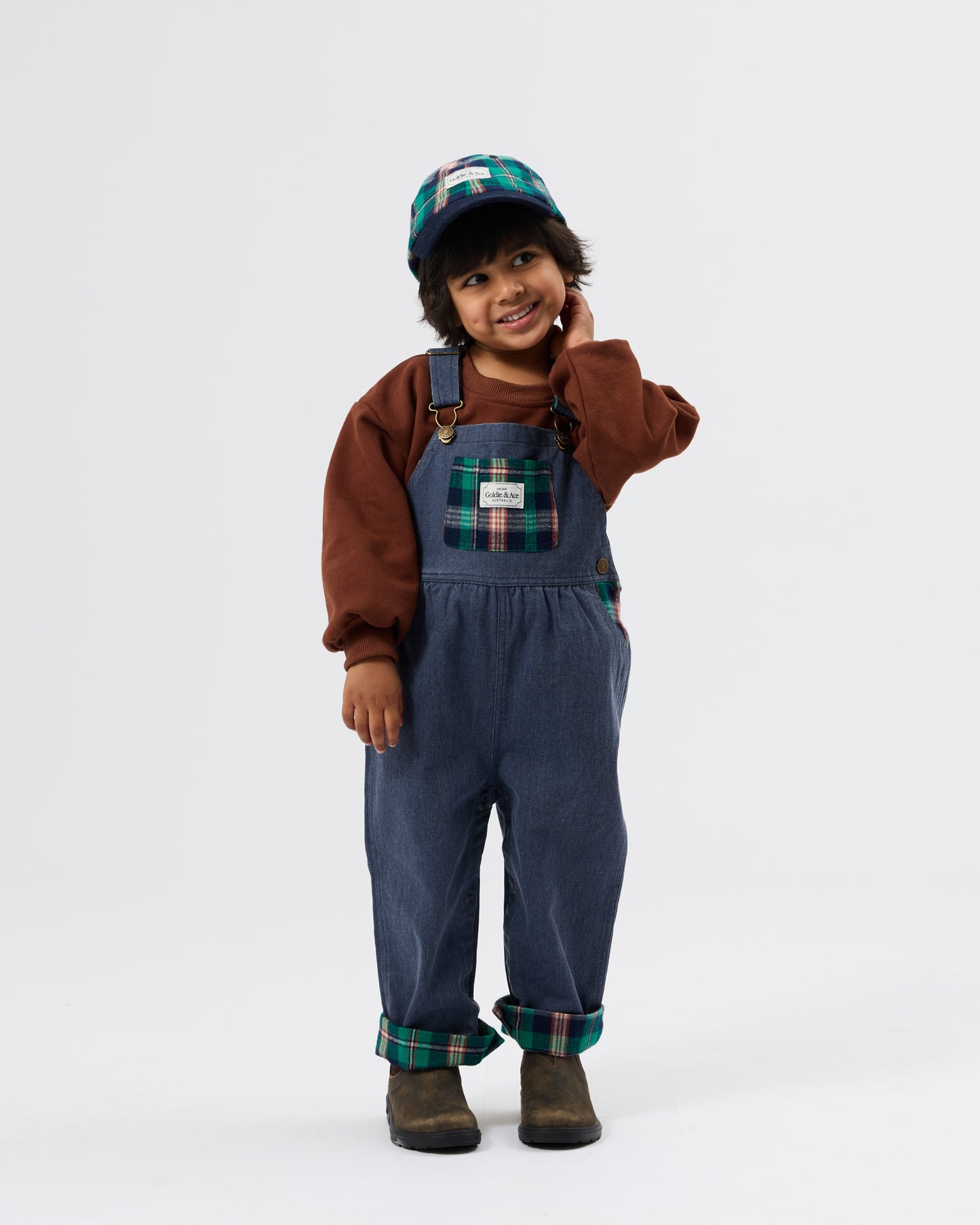 Goldie + Ace Austin Green Check Overalls