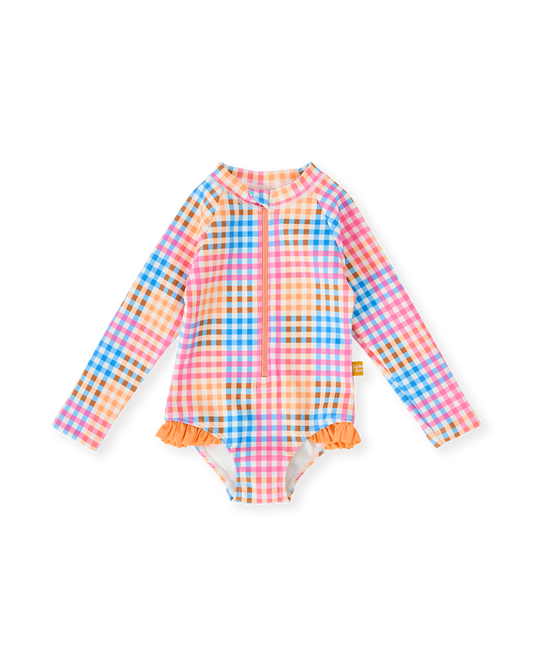 Goldie + Ace Rainbow Gingham Long Sleeve Frill Swimsuit