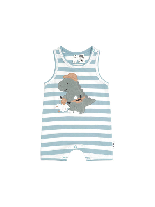 Huxbaby Construction Dino Stripe Sleeveless Romper Marine Blue/Almond Milk