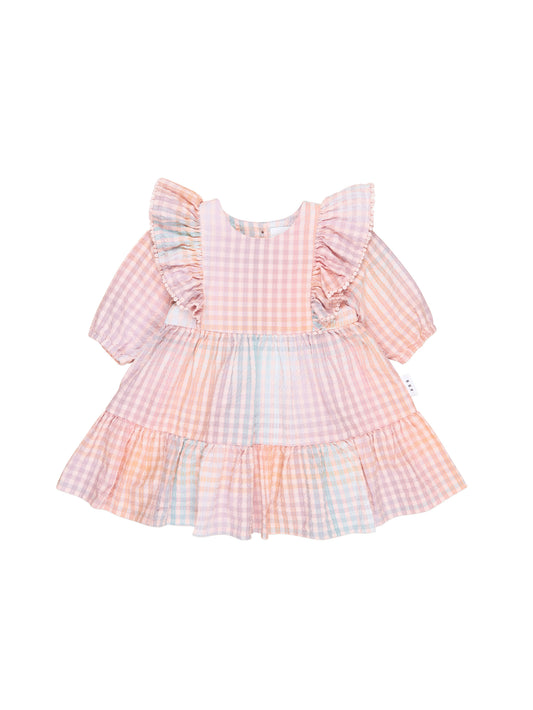 Huxbaby Rainbow Check Frill Long Sleeve Dress