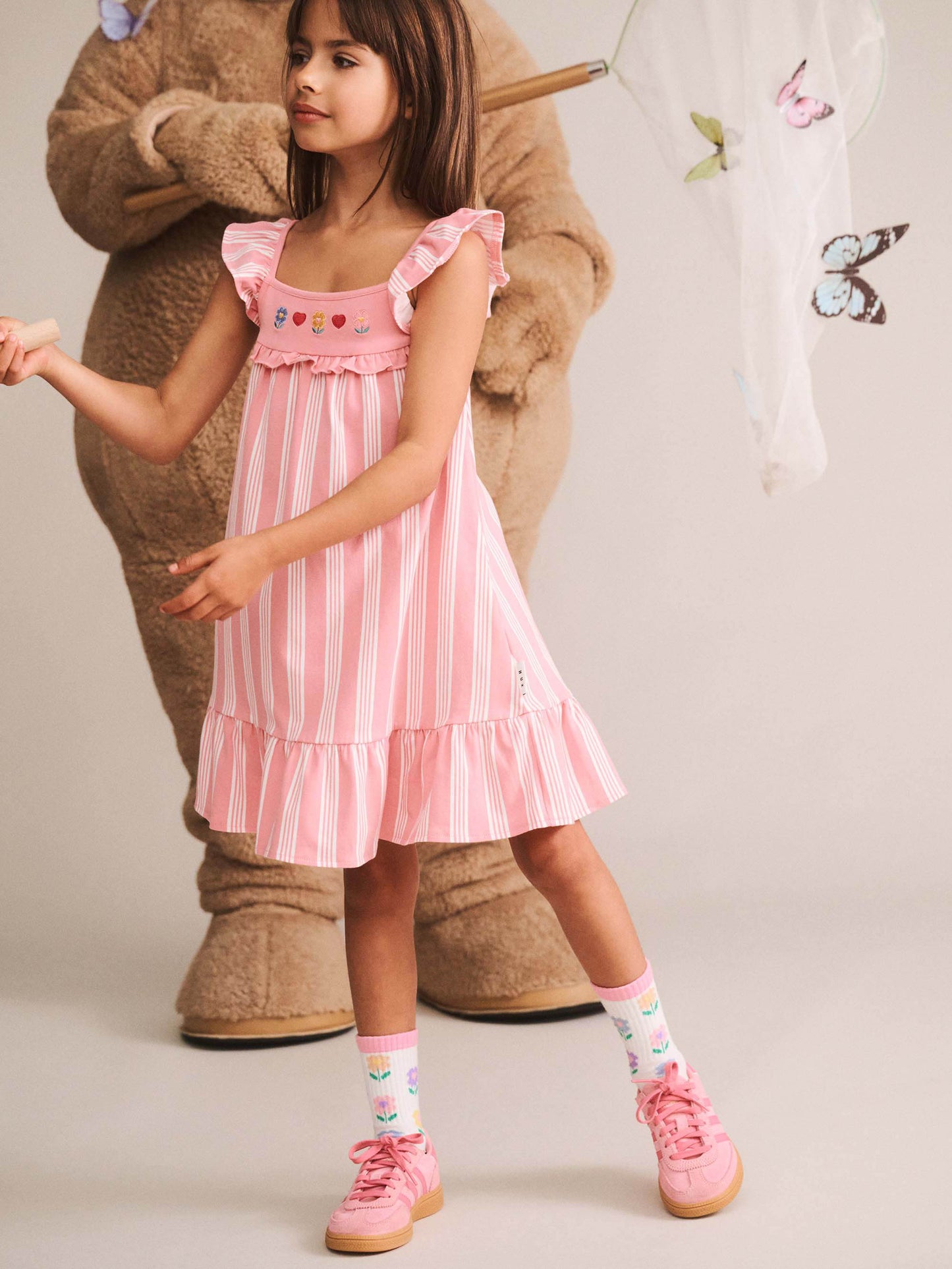 Huxbaby Floral Embroidery Stripe Dress Vintage Pink | Almond Milk