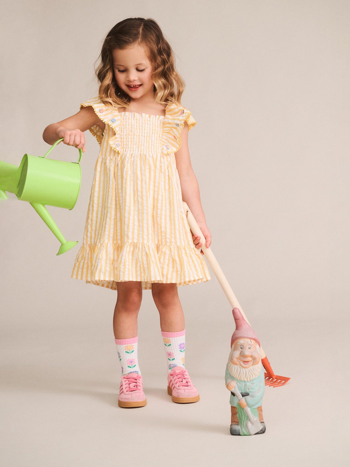 Huxbaby Flower Field Stripe Shirred Dress Golden | Almond Milk