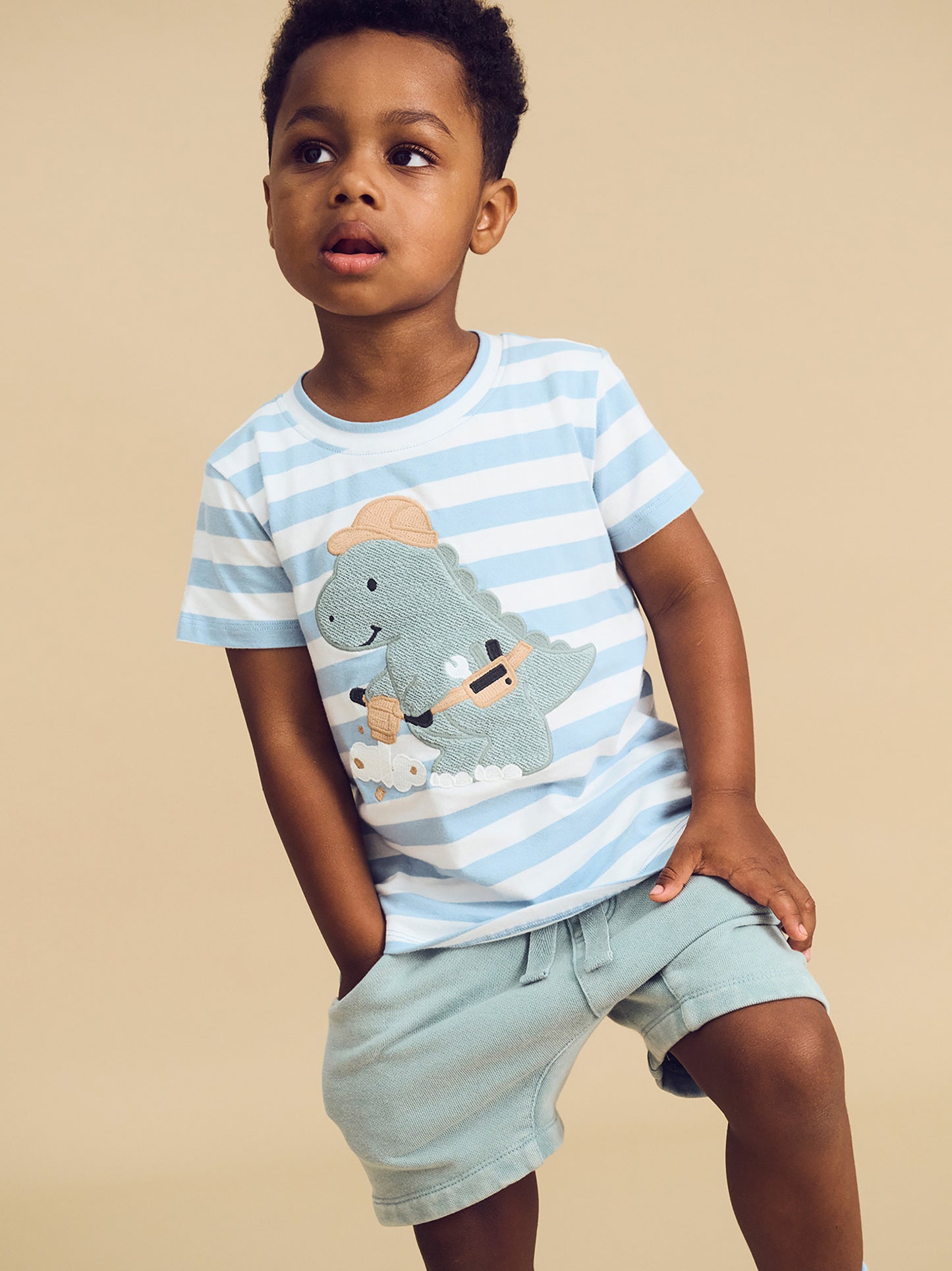 Huxbaby Construction Dino Stripe T-Shirt Marine Blue/Almond Milk