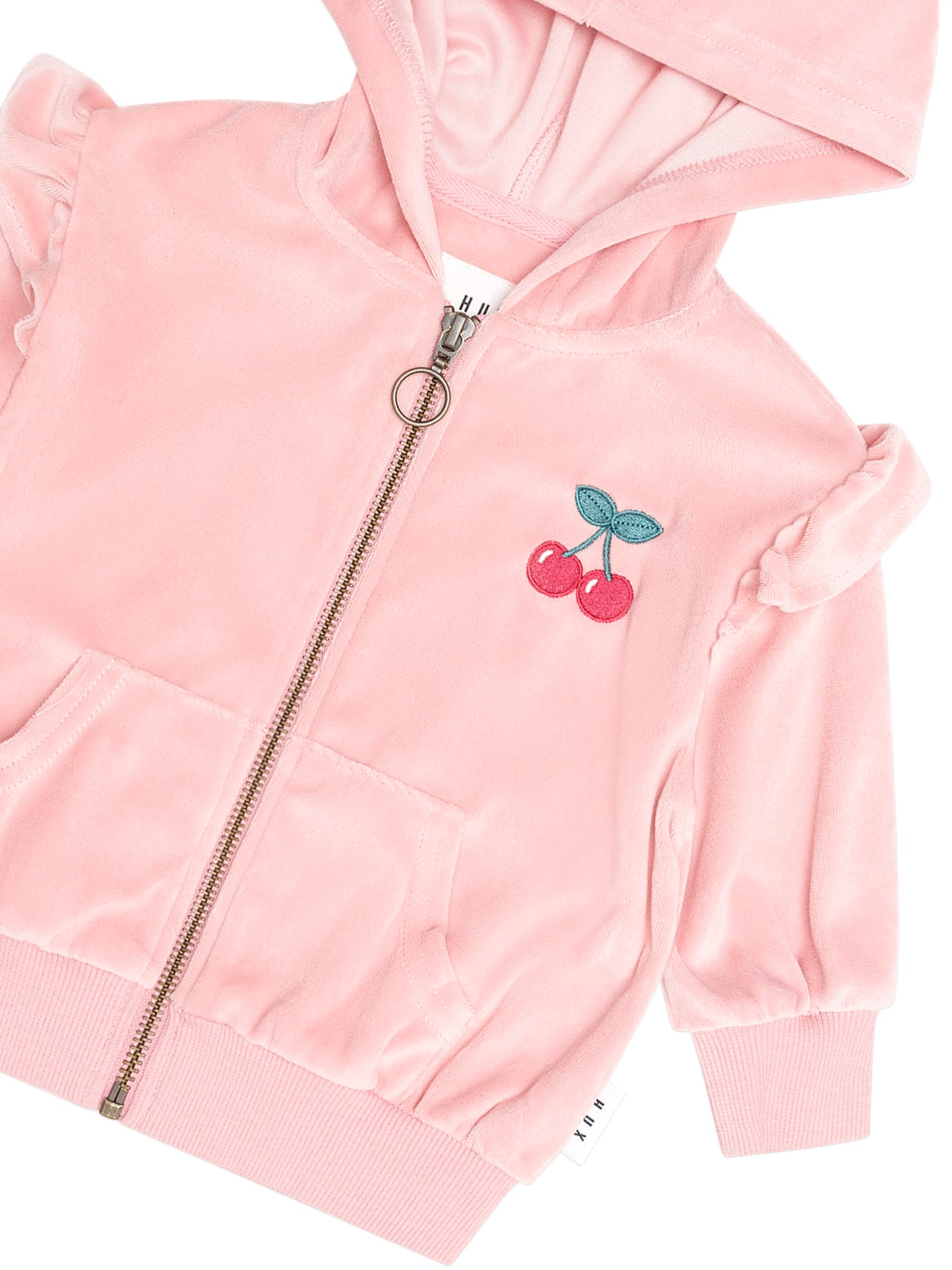 Huxbaby Cherry Embroidery Velour Zip Hoodie Vintage Pink