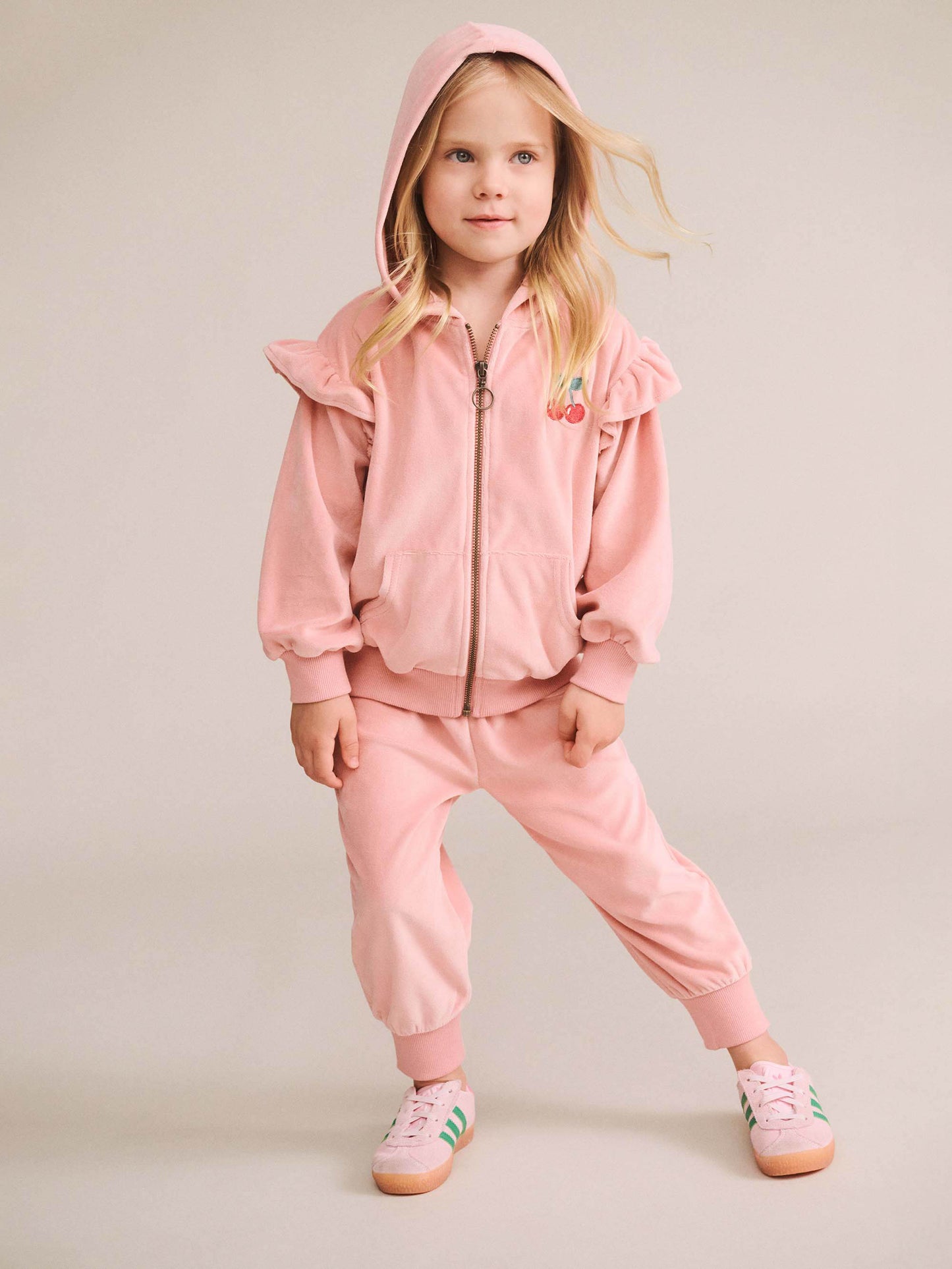 Huxbaby Cherry Embroidery Velour Zip Hoodie Vintage Pink