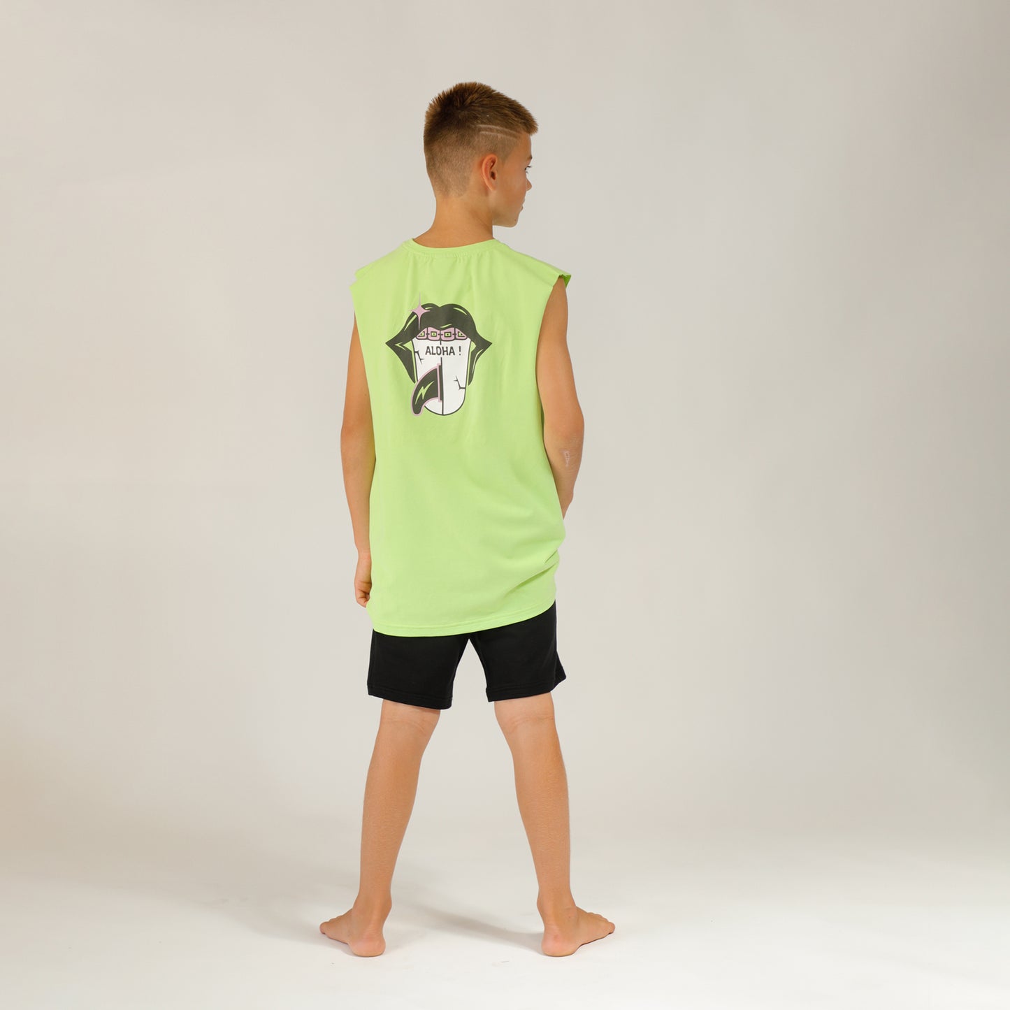 Hello Stranger Aloha Tongue Muscle Tee Lime