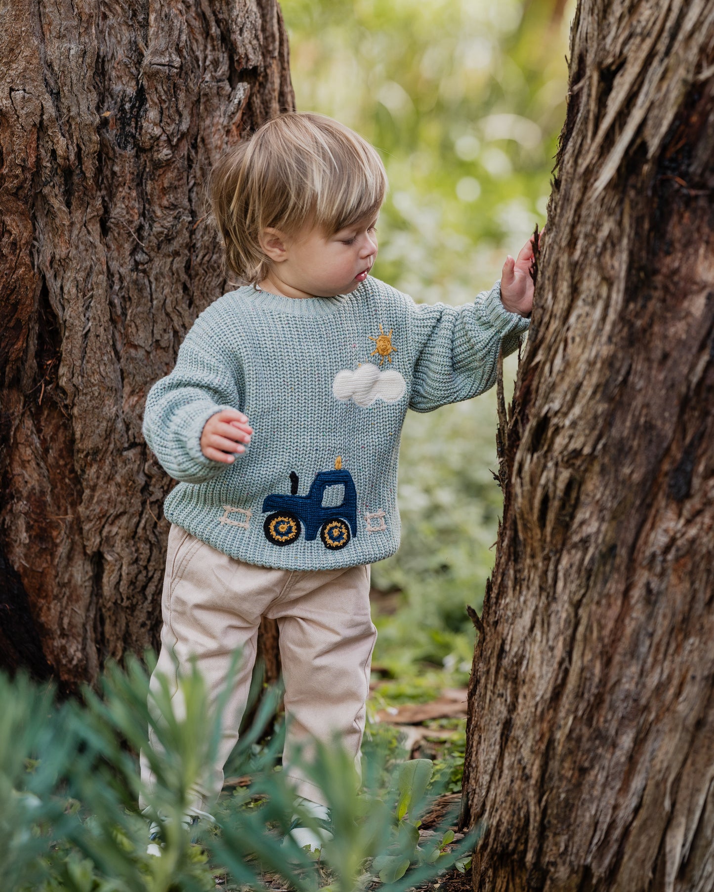 Minihaha Baby Hunter Tractor Knitted Jumper Green Marl