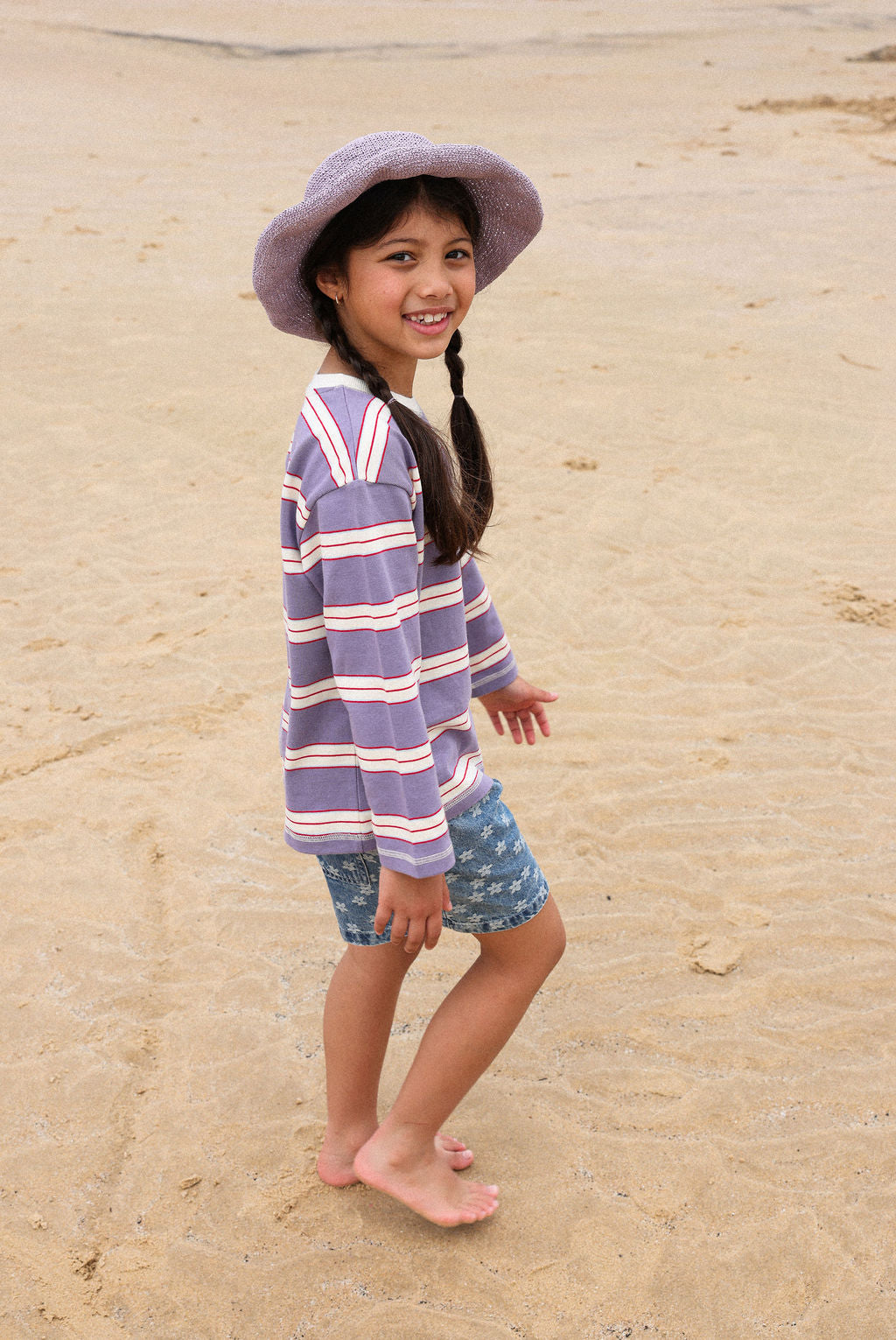 Grown Cotton Sports Stripe Long Sleeve Tee Mauve