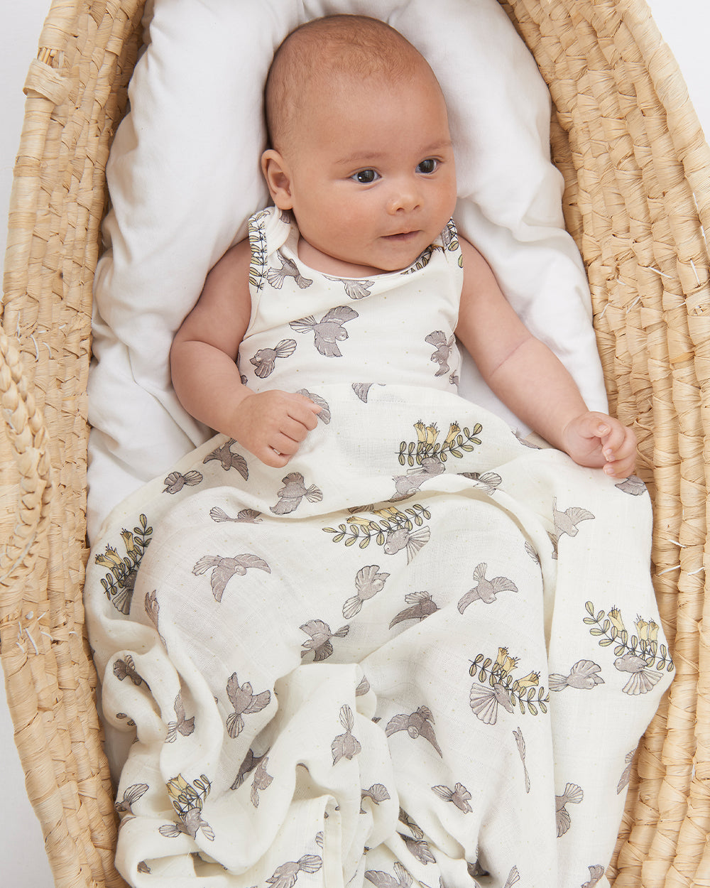 Babu Organic Muslin Swaddle Wrap NZ Forest Fantail