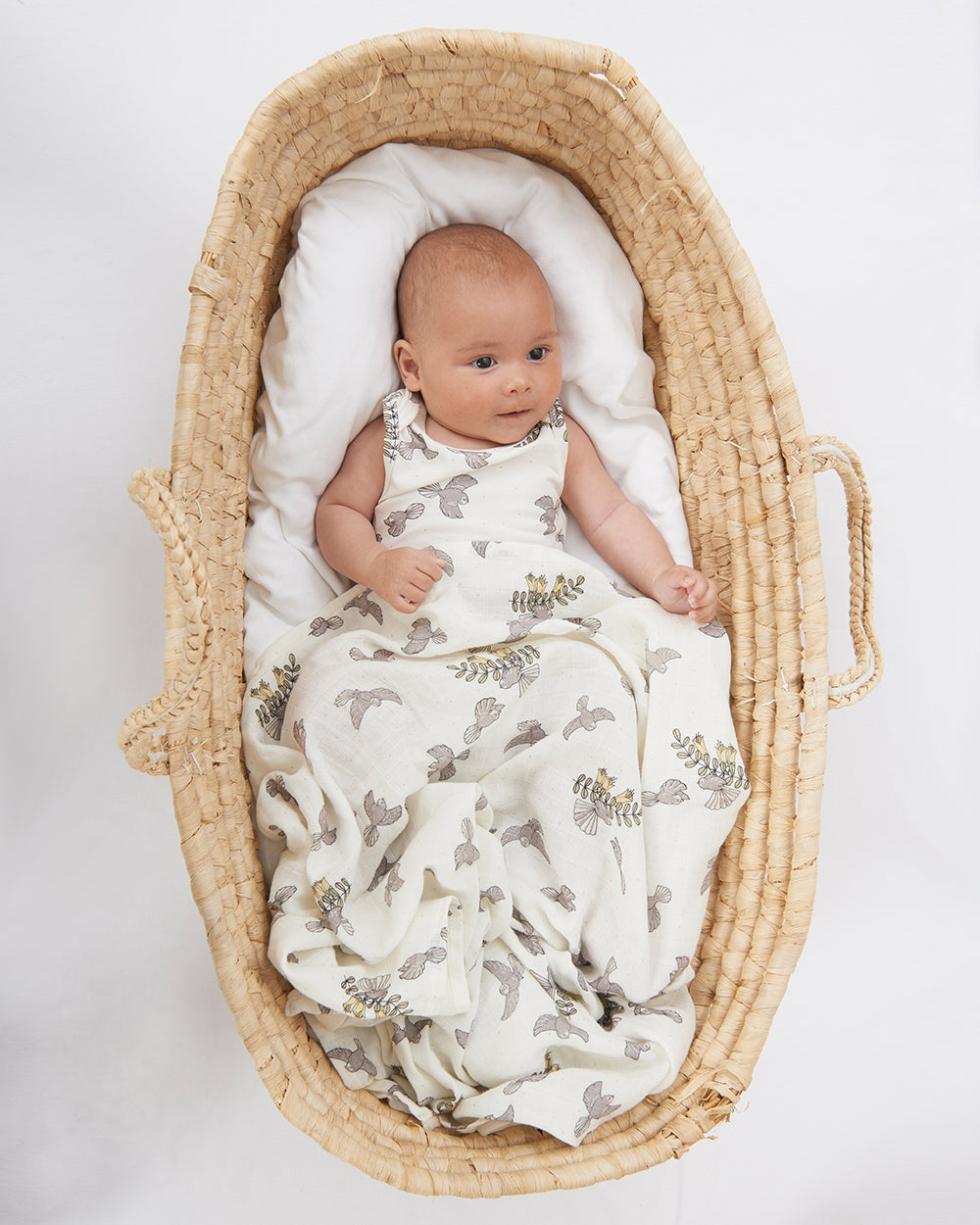 Babu Organic Muslin Swaddle Wrap NZ Forest Fantail