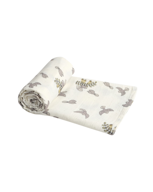 Babu Organic Muslin Swaddle Wrap NZ Forest Fantail