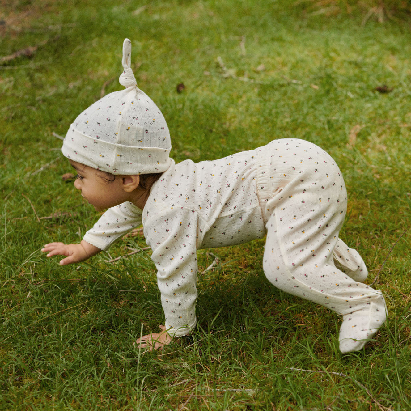 Nature Baby Knotted Beanie Pointelle Aster  Floral Print