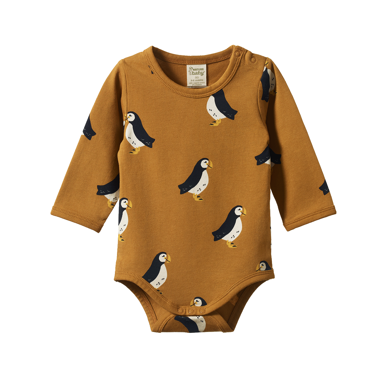 Nature Baby Stretch Jersey Cotton Long Sleeve Bodysuit Puffin Toffee Print