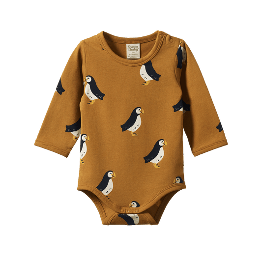 Nature Baby Stretch Jersey Cotton Long Sleeve Bodysuit Puffin Toffee Print