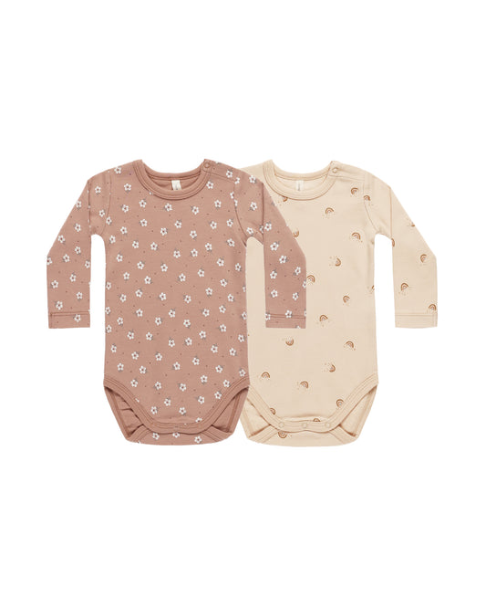 Quincy Mae Jersey Bodysuit 2 Pack Rose Ditsy Rainbows