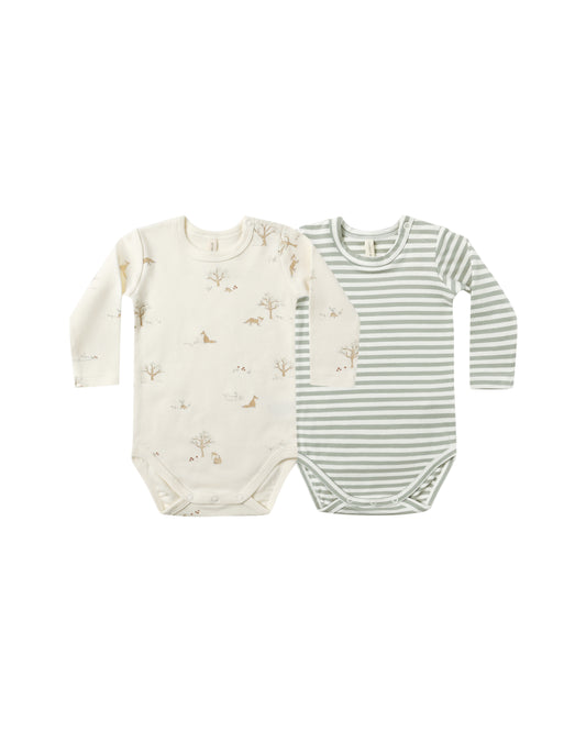 Quincy Mae Jersey Bodysuit, 2 Pack | Fox Land & Fern Stripe *Pre-Order*