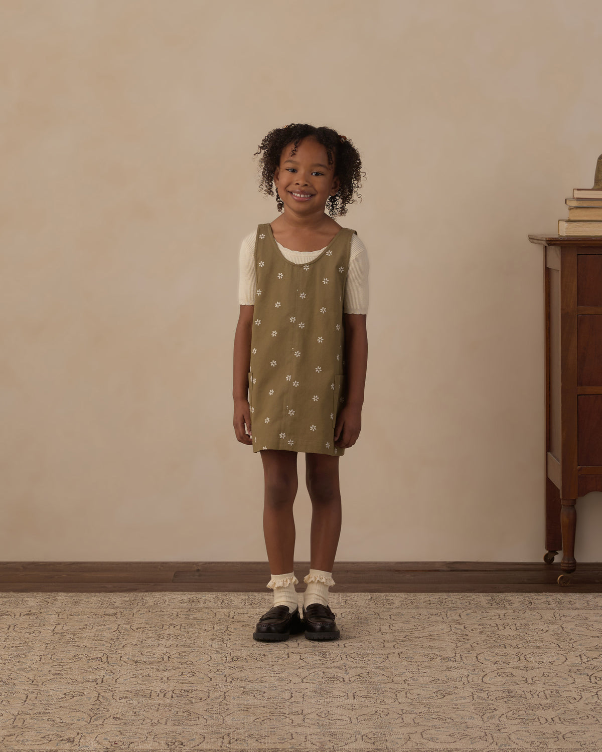 Rylee + Cru V-Neck Overall Dress Embroidered Daisies Olive