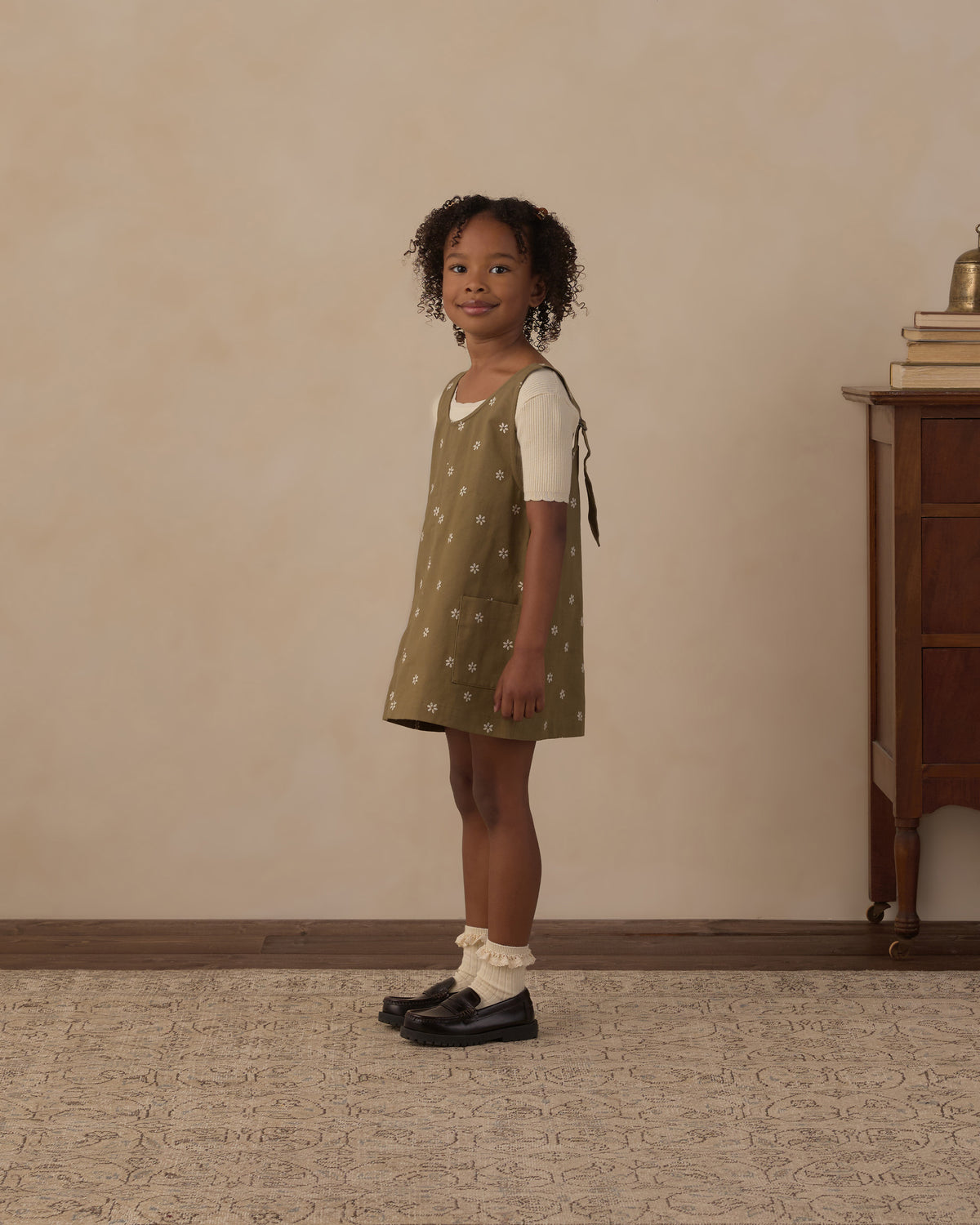 Rylee + Cru V-Neck Overall Dress Embroidered Daisies Olive