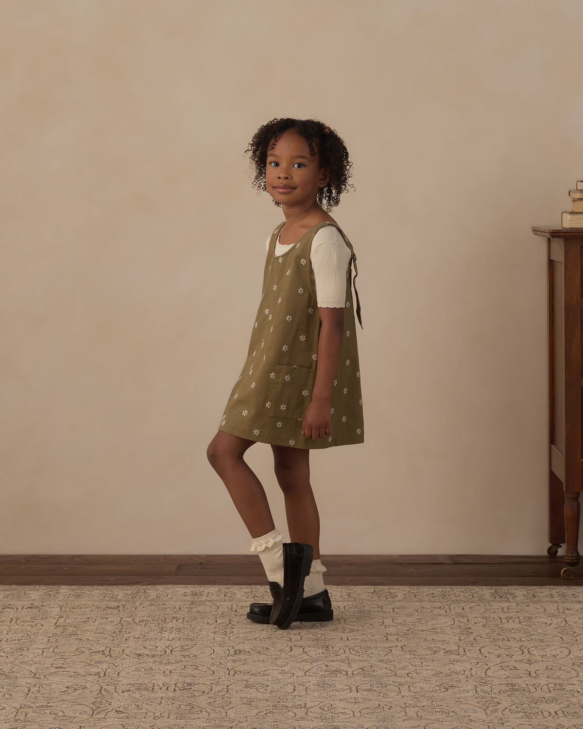 Rylee + Cru V-Neck Overall Dress Embroidered Daisies Olive